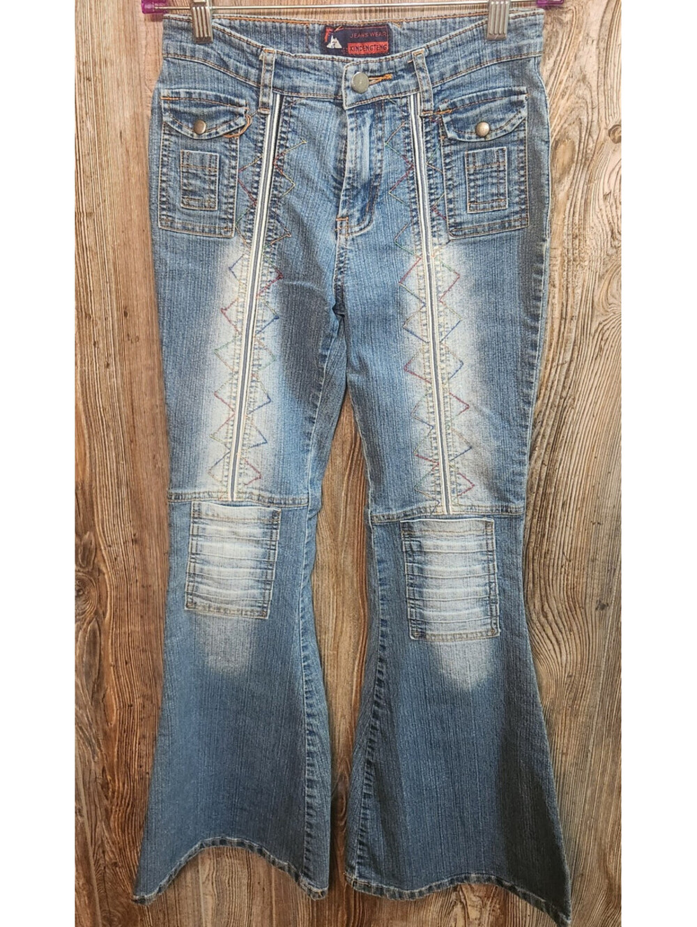 Xin Deng Feng Denim Jeans Women Sz 26 (25x31) Western Boot Bell Flared Embroider